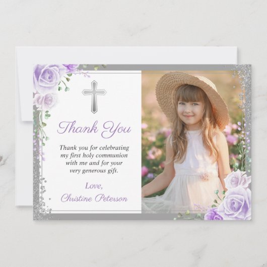 Lila Blumensilber Erste Heilige Kommunion Foto Dankeskarte (Vorderseite)