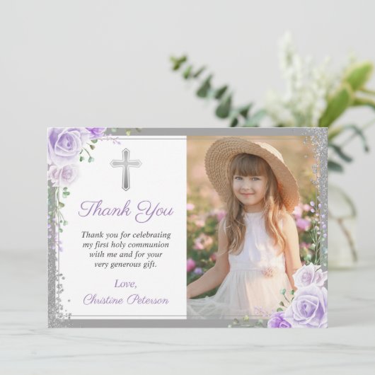 Lila Blumensilber Erste Heilige Kommunion Foto Dankeskarte (Stehend Vorderseite)