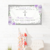 Lila Blumensilber Glitzer Erste Heilige Kommune Banner (Insitu)