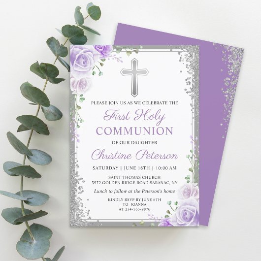 Lila Blumensilber Glitzer Erste Heilige Kommune Einladung