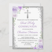 Lila Blumensilber Glitzer Erste Heilige Kommune Einladung (Vorderseite)