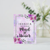Lila Blumensilber wird meine Trauzeugin sein Einladung (Stehend Vorderseite)