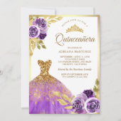 Lila Blumenspärchkleid Gold Quinceanera Einladung (Vorderseite)