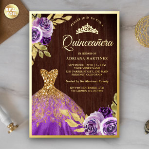 Lila BlumenSparkleider Holz Quinceanera Gold Folieneinladung