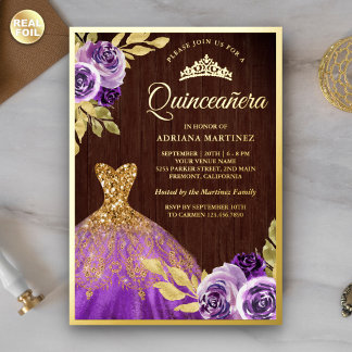 Lila BlumenSparkleider Holz Quinceanera Gold Folieneinladung