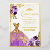 Lila BlumenSparkleider Quinceanera Gold Folieneinladung (Vorderseite)