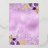 Lila BlumenSparkleider Quinceanera Gold Folieneinladung (Rückseite)