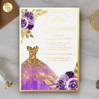 Lila BlumenSparkleider Quinceanera Gold Folieneinladung