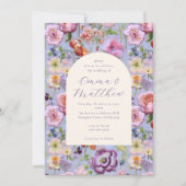 Lila Blumenstickerei Maximalistische Hochzeit Einladung (Vorderseite)