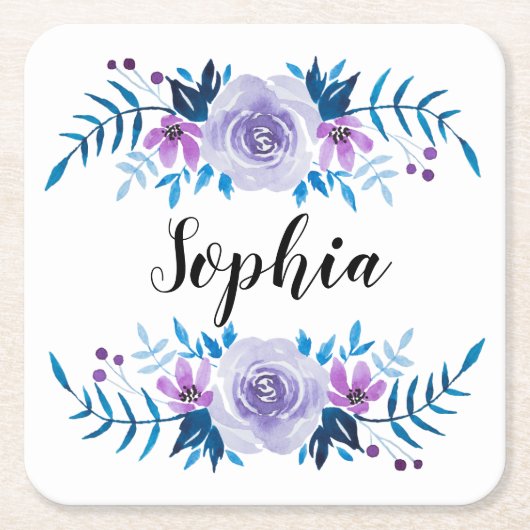 Lila Blumenstrauß mit Wasserfarbe Eigener Text Rechteckiger Pappuntersetzer (Vorderseite)
