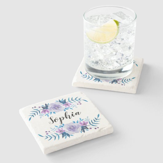 Lila Blumenstrauß mit Wasserfarbe Eigener Text Steinuntersetzer (Seitenansicht)