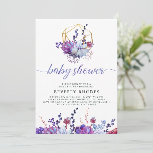 Lila Blumensukkulentdusche Einladung (Stehend Vorderseite)