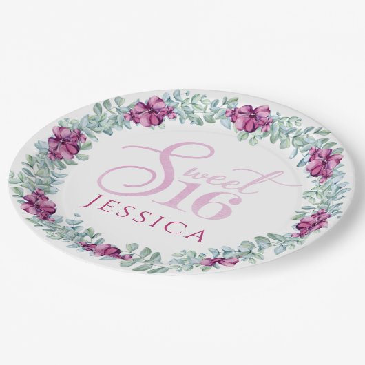 Lila Blumensüß 16 Pappteller (Schrägansicht)