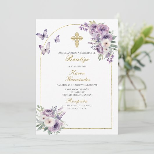 Lila Blumentaufe Spanisch Einladung (Stehend Vorderseite)