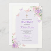 Lila Blumentaufe Spanische Einladung (Vorne/Hinten)