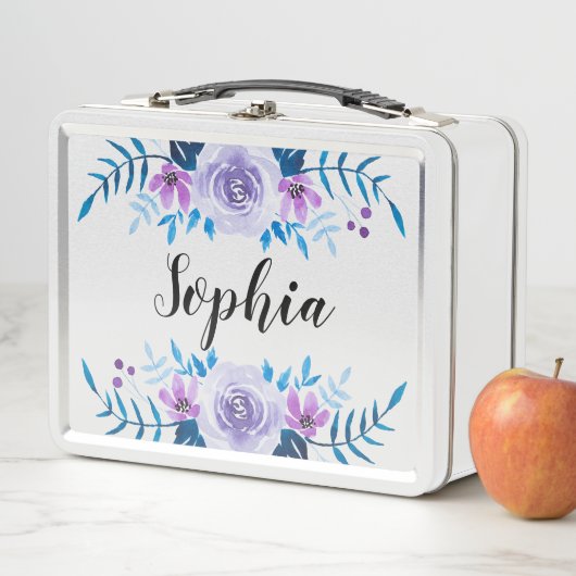 Lila Blumentext Metall Lunch Box (Beispiel)