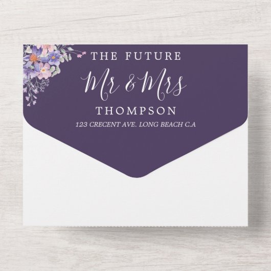 Lila Blumenträume Einfache Hochzeit All In One Einladung (Rückseite)