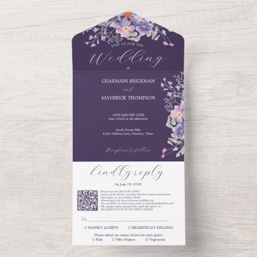 Lila Blumenträume Einfache QR-Hochzeit All In One Einladung (Innen Boden)