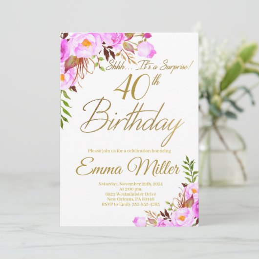 Lila Blumenüberraschung 40. Geburtstag Party Einladung (Stehend Vorderseite)