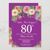 Lila Blumenüberraschung 80. Geburtstag Einladung (Vorne/Hinten)