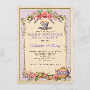 Lila Blumenvintage-Baby-Teeparty-Teekanne Einladun Einladung