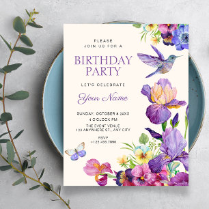 Lila Blumenvogel Kunst elegante Geburtstag Einladung