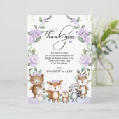 Lila Blumenwald Grüne Tierbabydusche Dankeskarte (Stehend Vorderseite)