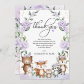 Lila Blumenwald Grüne Tierbabydusche Dankeskarte (Vorne/Hinten)