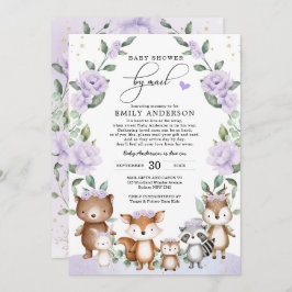 Lila Blumenwaldlandtiere Kinderdusche Einladung