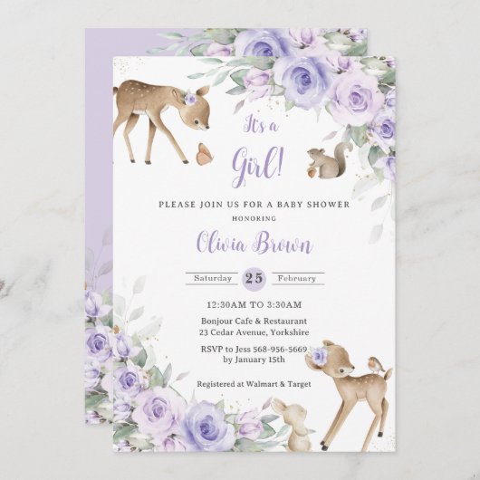 Lila Blumenwaldtiere Hirschdusche Einladung (Vorne/Hinten)