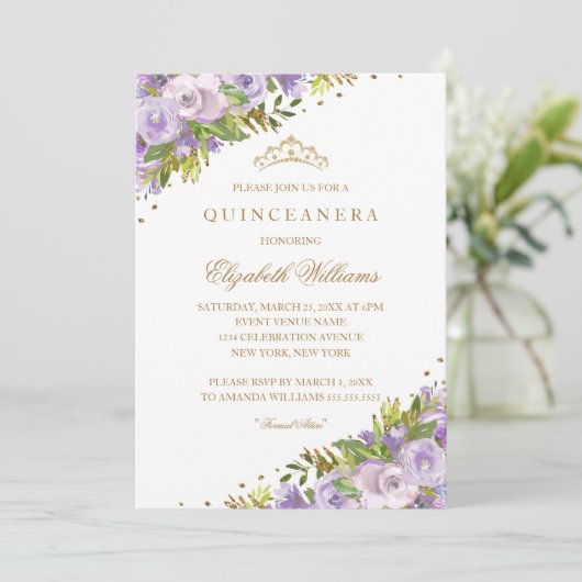 Lila Blumenwasser Gold Quinceanera Einladung (Stehend Vorderseite)