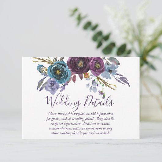 Lila Blumenwasser-Hochzeitsempfehlung Einladung (Stehend Vorderseite)