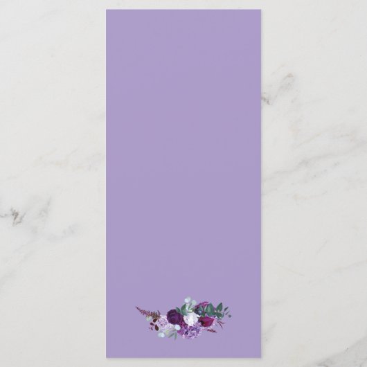 Lila Blumenwasser-Script-Hochzeitessen Menükarte (Rückseite)