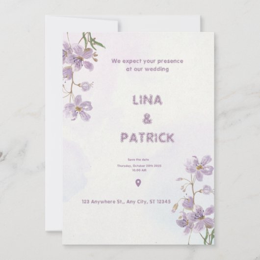 Lila Blumenwasserfarbe Einladung zur Hochzeit (Vorderseite)