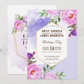 Lila Blumenwasserfarbe Gerahmte Hochzeit Einladung (Vorne/Hinten)