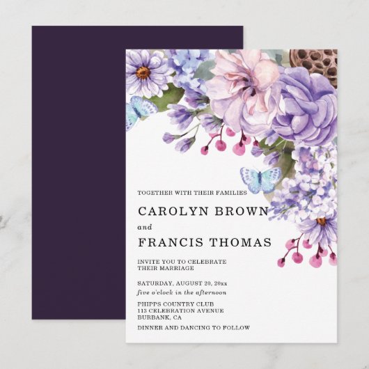 Lila Blumenwetterhochzeit Einladung (Vorne/Hinten)