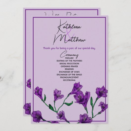 Lila Blumenwetterhochzeit Programm (Vorne/Hinten)