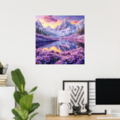 Lila Blumenwiese Alpensee Träumerischer Sonnenunte Poster (Heimbüro)