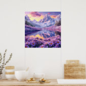 Lila Blumenwiese Alpensee Träumerischer Sonnenunte Poster (Küche)