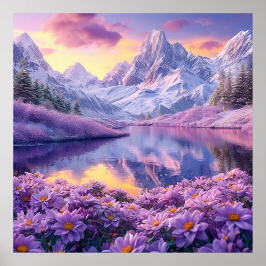 Lila Blumenwiese Alpensee Träumerischer Sonnenunte Poster (Vorne)