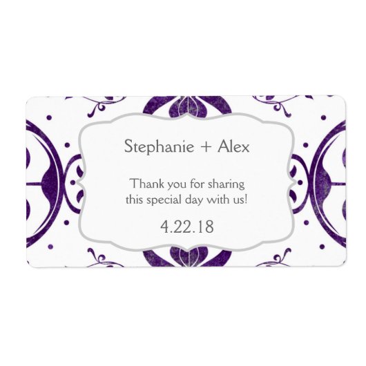 Lila Blumenwirl Hochzeitswasserflasche Gefallen (Vorne)