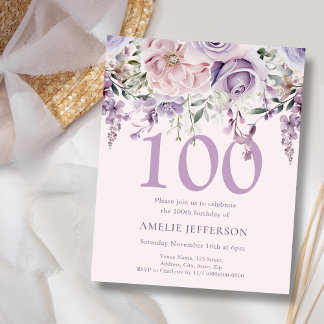 Lila Blumenwirtschaft 100. Geburtstagsfeier Einlad