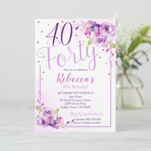 Lila Blumenzauber 40. Geburtstag Einladung 40. (Stehend Vorderseite)