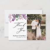 Lila Blumenzellenschrift Foto Hochzeit Dankeskarte (Vorderseite)