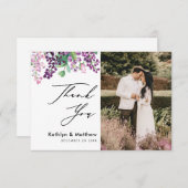 Lila Blumenzellenschrift Foto Hochzeit Dankeskarte (Vorne/Hinten)