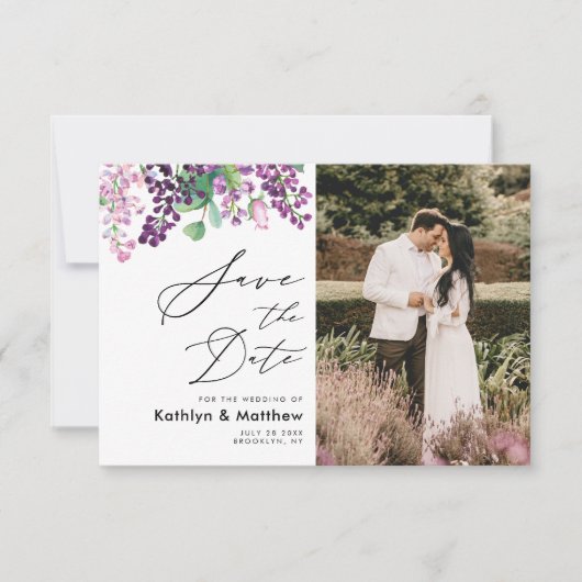 Lila Blumenzellenschrift Foto Hochzeit Save The Date (Vorderseite)