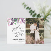 Lila Blumenzellenschrift Foto Hochzeit Save The Date (Stehend Vorderseite)