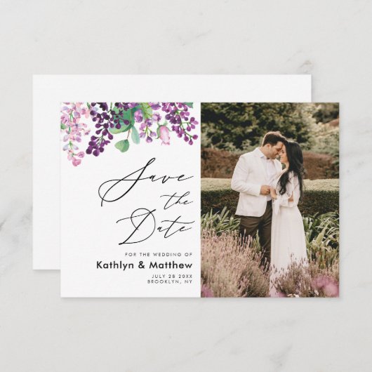 Lila Blumenzellenschrift Foto Hochzeit Save The Date (Vorne/Hinten)