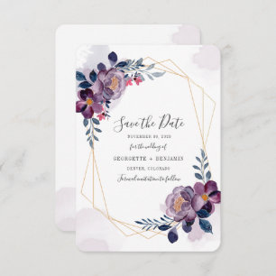 Lila Blumenzellenschrift Save the Date geometrisch