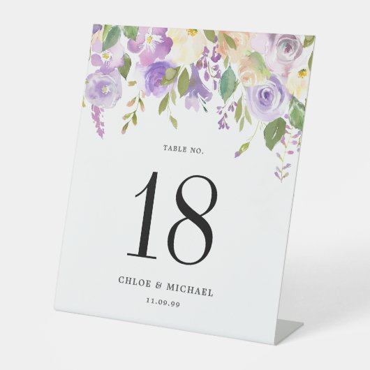Lila Blumenzelt Tischnummer Pedestal Zeichen Sockelschild (Vorderseite)